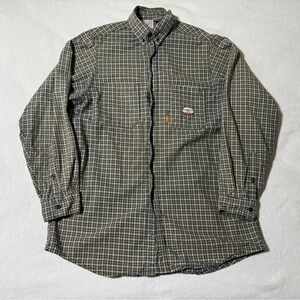 Rasco FR Flannel Shirt Mens Large Long Green Plaid Long Sleeve Button Down